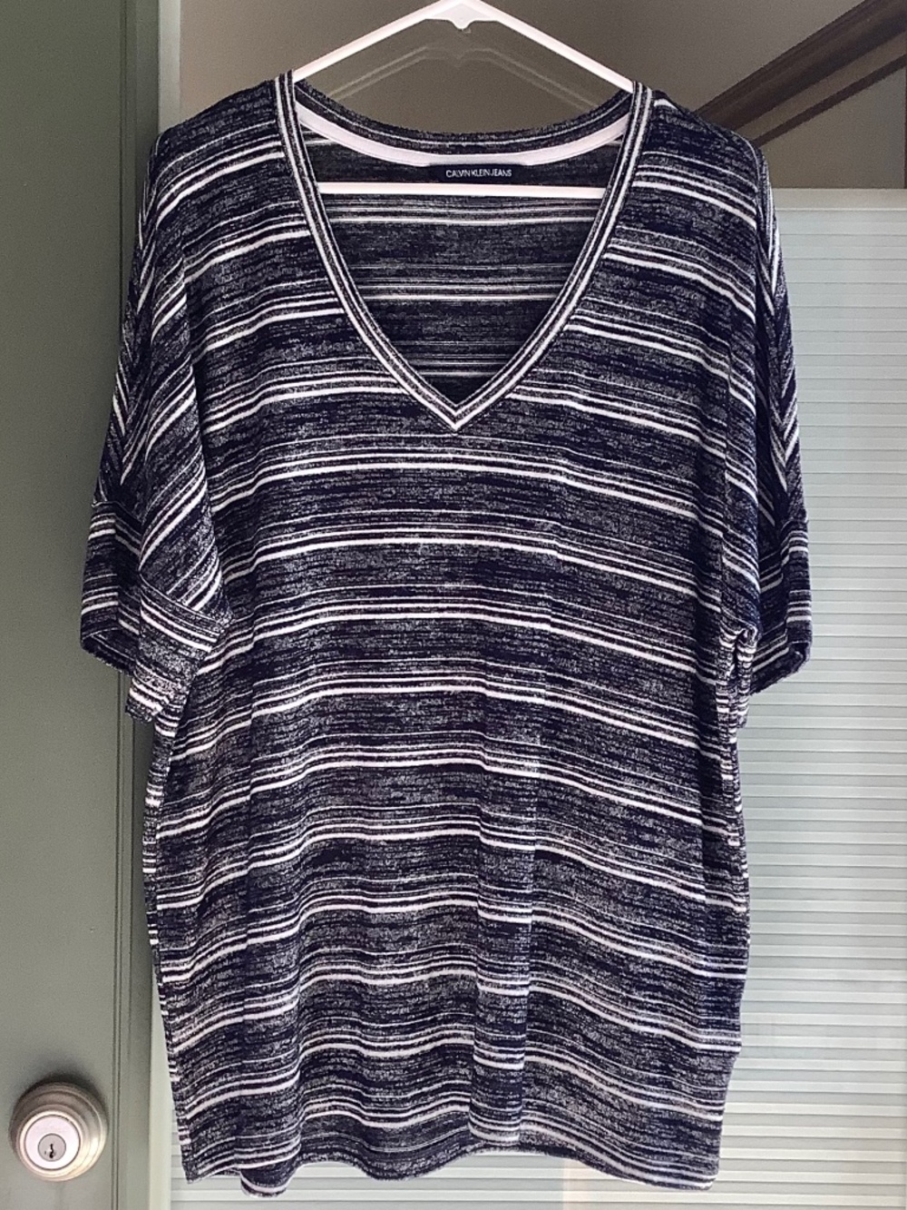Calvin Klein Jeans Navy and White Striped V-Neck Short Sleeve Top